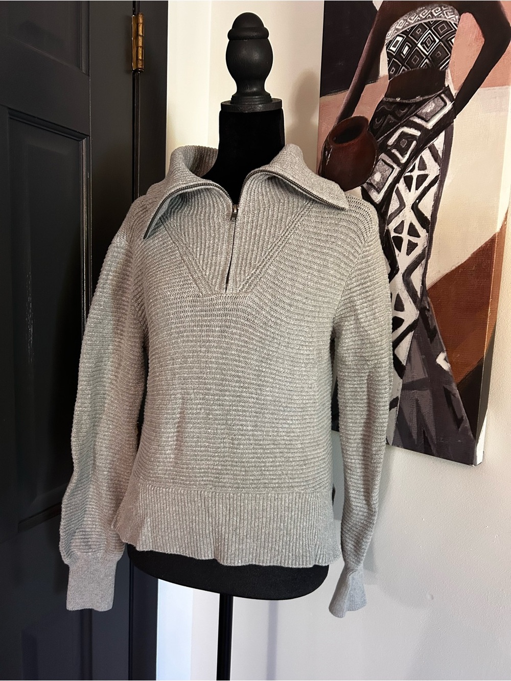 Sonoma Light Gray Ribbed V-Neck Half-Zip Sweater